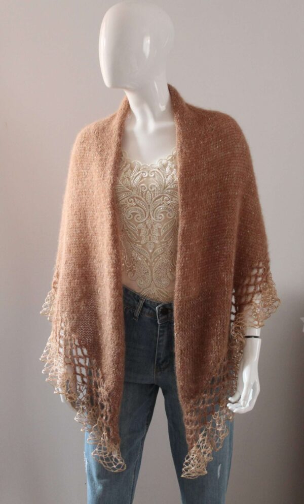 Sal triunghiular mohair bej camel cu lurex bej