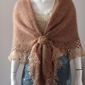 Sal triunghiular mohair bej camel cu lurex bej