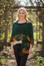 Șal verde tricotat, croșetat manual din lana merinos