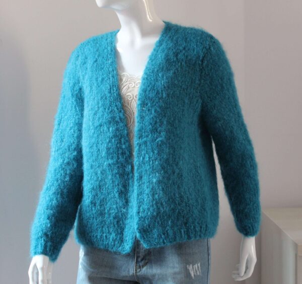 jacheta cardigan tricotat manual mohair turcoaz