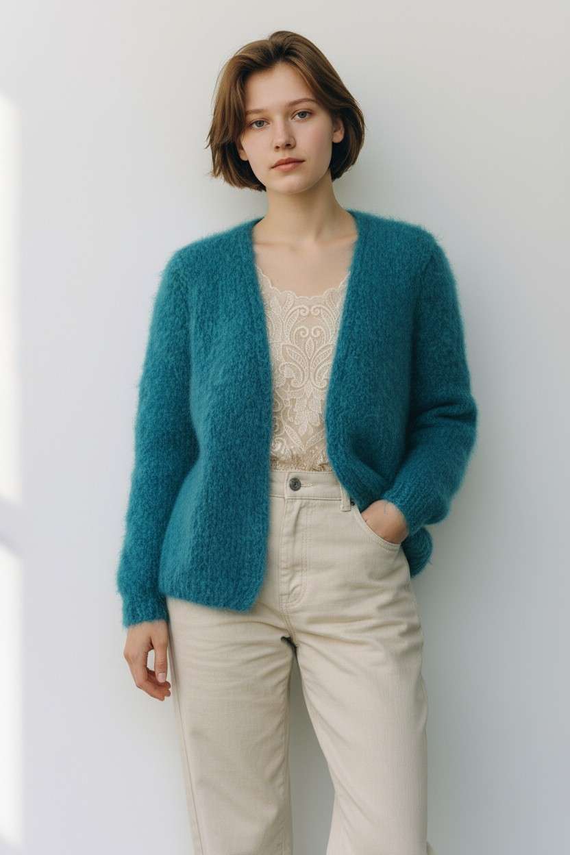 Cardigan, jacheta mohair turcoaz - Magazin Gabriela Faur