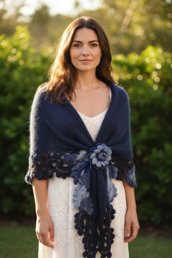 șal tricotat crosetat bleumarin degrade Gabriela Faur