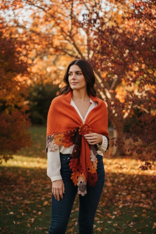 ȘAL PORTOCALIU TRICOTAT CROSETAT MANUAL TOAMNA (3) șal tricotat crosetat portocaliu culori toamna Gabriela Faur