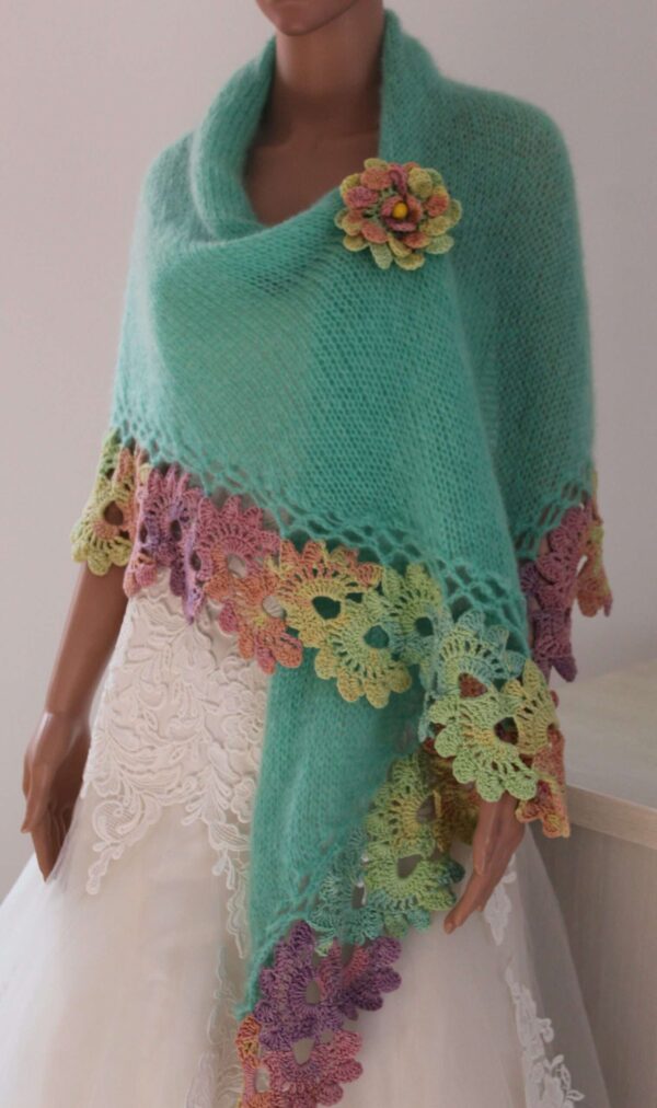 Sal crosetat tricotat, Gabriela Faur (29) Șal crosetat manual verde deschis mohair