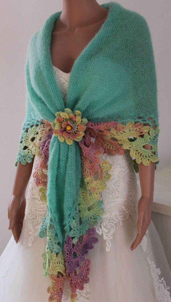 Sal crosetat tricotat, Gabriela Faur (30) Șal crosetat manual verde deschis mohair