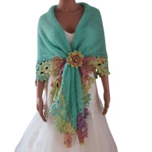 Șal crosetat manual verde deschis mohair