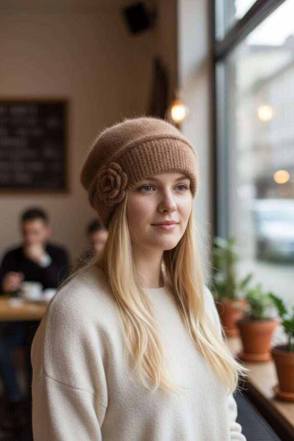 BENTITE SI CACIULI MOHAIR VISONE (17) Descoperă farmecul atemporal al unei berete tricotate manual din cel mai fin fir mohair visone de la renumita Filatura Lineapiù Italia – simbol al calității și stilului autentic italian.