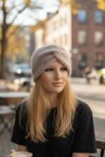 Bentiță bej deschis tricotată manual din mohair Visone – Filatura Lineapiù Italia