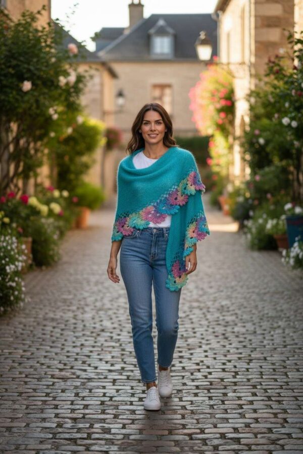 șal triunghiular turcoaz crosetat manual