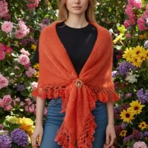 Șal portocaliu triunghiular din mohair cu fir efect – 200x70 cm, lucrat manual