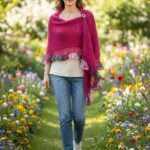 Șal triunghiular roz cyclam din mohair cu fir efect – 200×70 cm, accesoriu modern și elegant