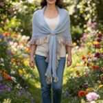 șal triunghiular bleu deschis din mohair cu fir efect