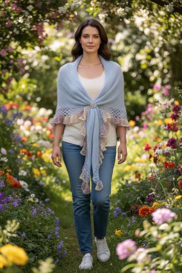 șal triunghiular bleu deschis din mohair cu fir efect