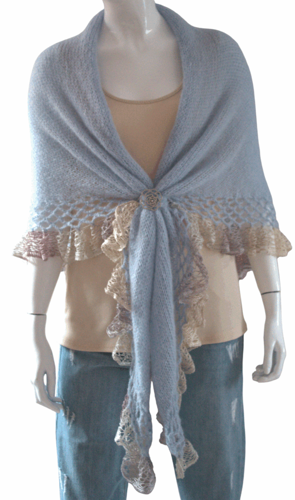 șal triunghiular bleu deschis din mohair cu fir efect