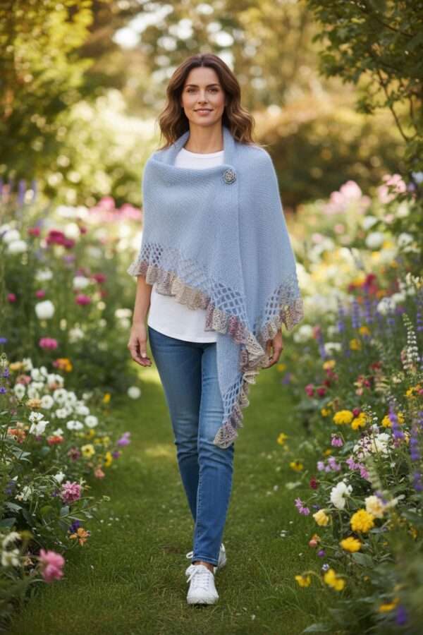 șal triunghiular bleu deschis din mohair cu fir efect