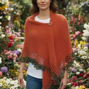 Șal portocaliu triunghiular din mohair cu fir efect – 200x70 cm, lucrat manual