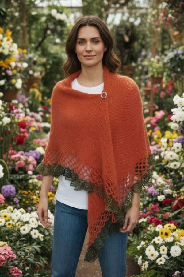 șaluri tricotate elegante mohair (18) Șal portocaliu triunghiular din mohair cu fir efect – 200x70 cm, lucrat manual