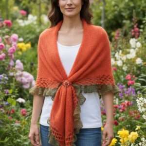 Șal portocaliu triunghiular din mohair cu fir efect – 200x70 cm, lucrat manual
