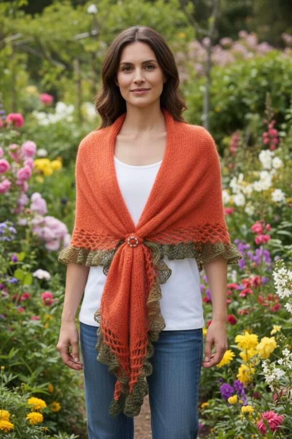 șaluri tricotate elegante mohair (3) Șal portocaliu triunghiular din mohair cu fir efect – 200x70 cm, lucrat manual