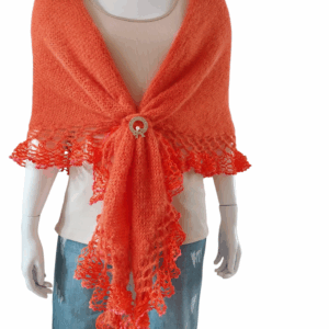 Șal portocaliu triunghiular din mohair cu fir efect – 200x70 cm, lucrat manual