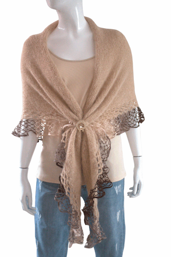 transparent-Photoroom (26) Șal elegant beige, tricotat manual din mohair și fir cu efect – 200x70 cm