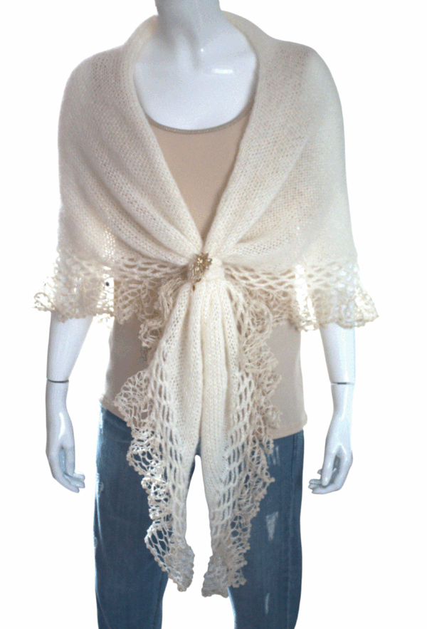 Șal elegant ivory, tricotat manual din mohair și fir cu efect – 200x70 cm