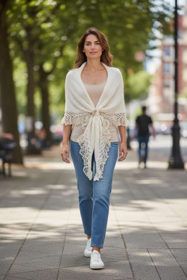 Șal elegant ivory, tricotat manual din mohair și fir cu efect – 200x70 cm