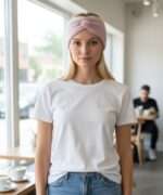 Bentiță  roz prafuit tricotată manual din mohair Visone – Filatura Lineapiù Italia