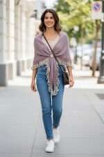 Șal elegant femei tricotat manual din mohair și fir cu efect –mov