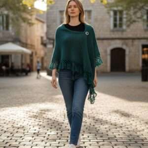 Șal triunghiular tricotat manual din mohair, lurex și fir cu efect – Verde
