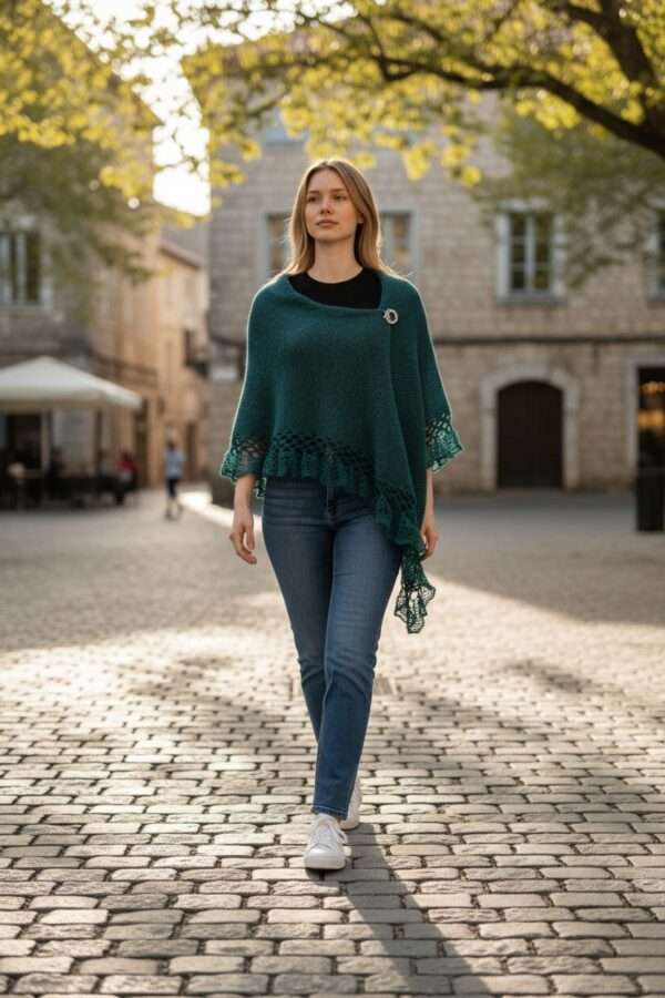 saluri elegante mohair (20) Șal triunghiular tricotat manual din mohair, lurex și fir cu efect – Verde