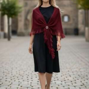 Șal tricotat manual din mohair și fir cu efect rosu bordo